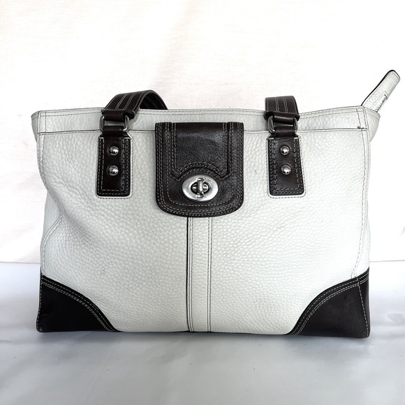 Coach Hampton Shoulder Handbag White Brown Pebbled Leather Purse F13960 2009 - Picture 1 of 12
